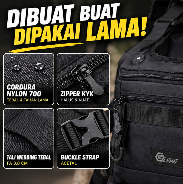 Detail bahan Cordura, zipper, tali dan buckle